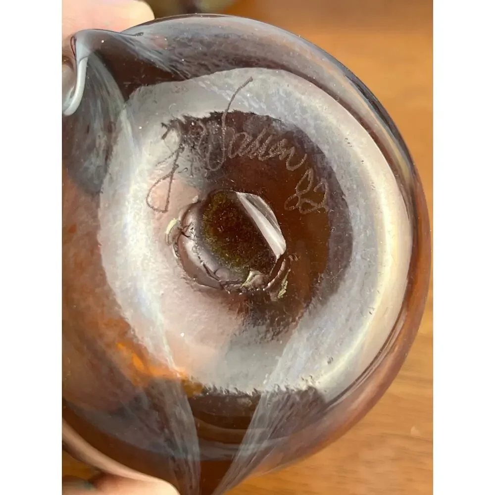 VTG Frederck Warren Art Glass Tumblers Set of 6 Amber Cobalt Iridescent